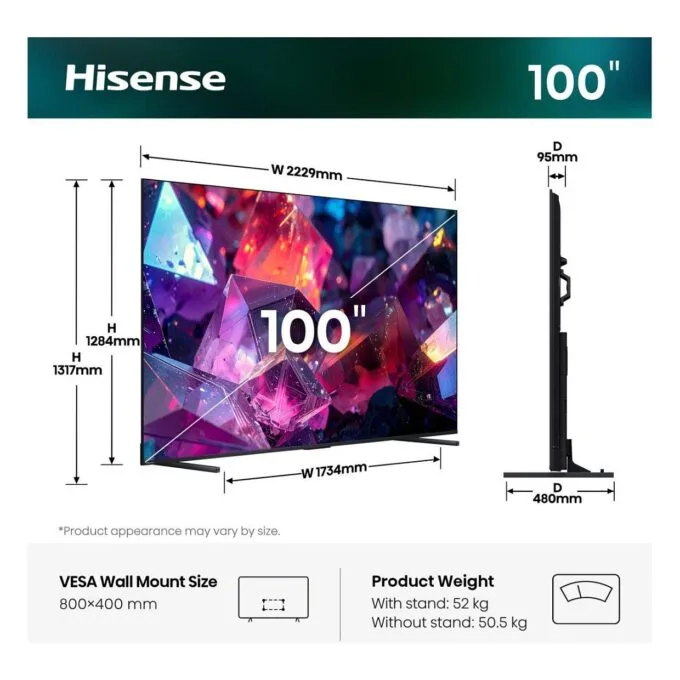 253.0cm/100" (3840x2160) Hisense 100Q7S PRO Smart TV 4K Hi-QLED 6ms 144Hz HDMI USB LAN HDR VESA WiFi Bluetooth Black/Grey — image 2