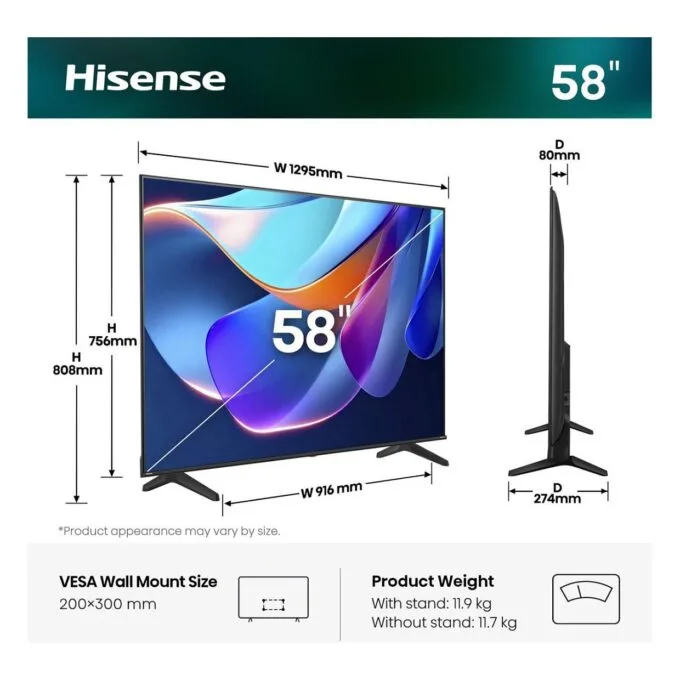 146.0cm/58" (3840x2160) Hisense 58A6S Smart TV 4K UHD 8ms 60Hz HDMI USB HDR WiFi Bluetooth Black/Grey — image 2