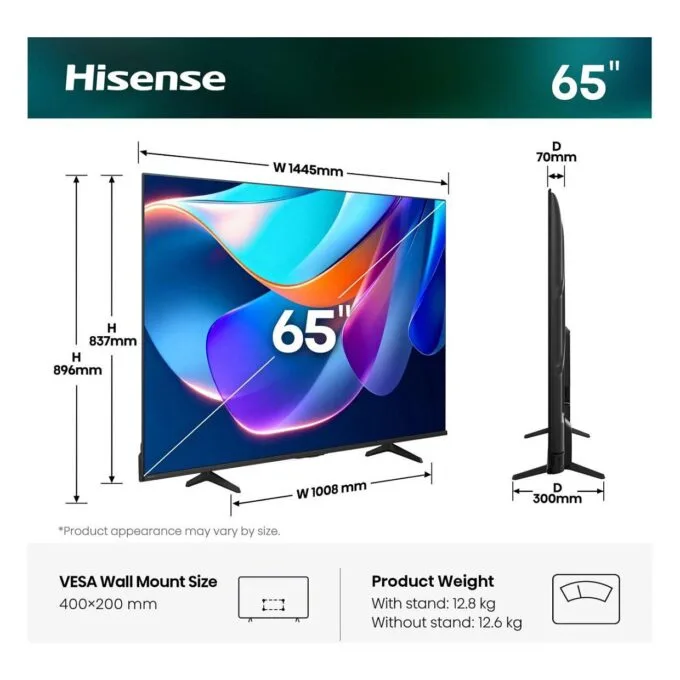 164.0cm/65" (3840x2160) Hisense 65A6S Smart TV 4K UHD 8ms 60Hz HDMI USB HDR WiFi Bluetooth Black/Grey — image 2