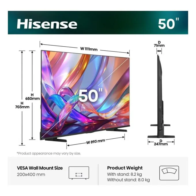 126.0cm/50" (3840x2160) Hisense 50Q7S Smart TV 4K Hi-QLED 9,5ms 60Hz HDMI USB HDR WiFi Bluetooth Black — image 2