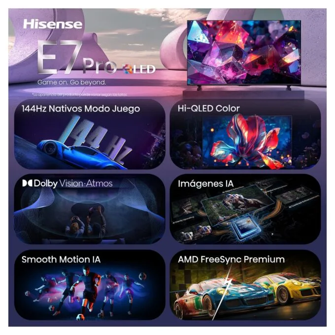 189,0cm/75" (3840x2160) Hisense 75E7S PRO Smart TV 4K Hi-QLED 8ms 144Hz HDMI USB HDR WiFi Bluetooth Black/Grey — image 2