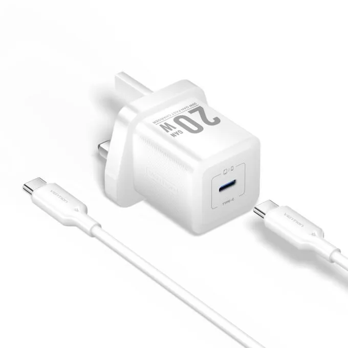 Vention Charger Wall GaN 20W 1xUSBC UK + USB-C 1m Cable White FEPW0-UK-01 — image 2