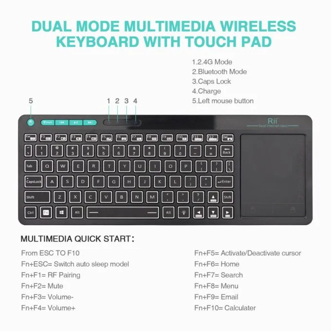 Rii Mini Keyboard Wireless 2.4GHz & Bluetooth with Large Touchpad & Media Keys RGB RT518S — image 2
