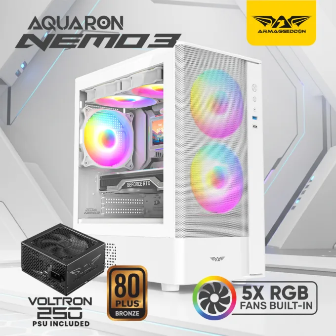 Armaggeddon Gaming Case M-ATX AQUARON NEMO 3 White (5x RGB Fans & 250W 80+ PSU) — image 2