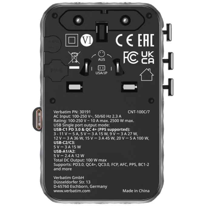 Verbatim Charger Travel Adapter 100W 2xC 2xA 1xRetractable USB-C Black — image 3