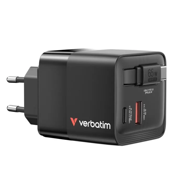 Verbatim Charger Wall 65W GaN 2-Port Retractable Cable & Display — image 3