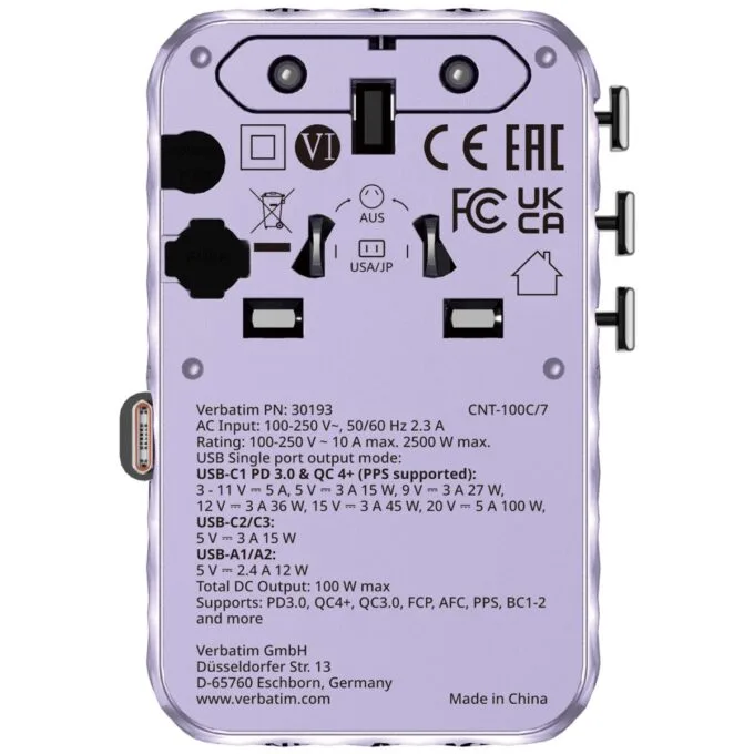 Verbatim Charger Travel Adapter 100W 2xC 2xA 1xRetractable USB-C Purple — image 3
