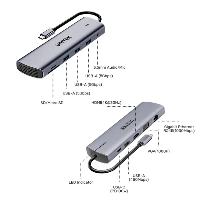 Unitek D1113B USB-C Hub USB3.0 HDMI/VGA, Gigabit Lan, SD Card, Audio & PD100W — image 3