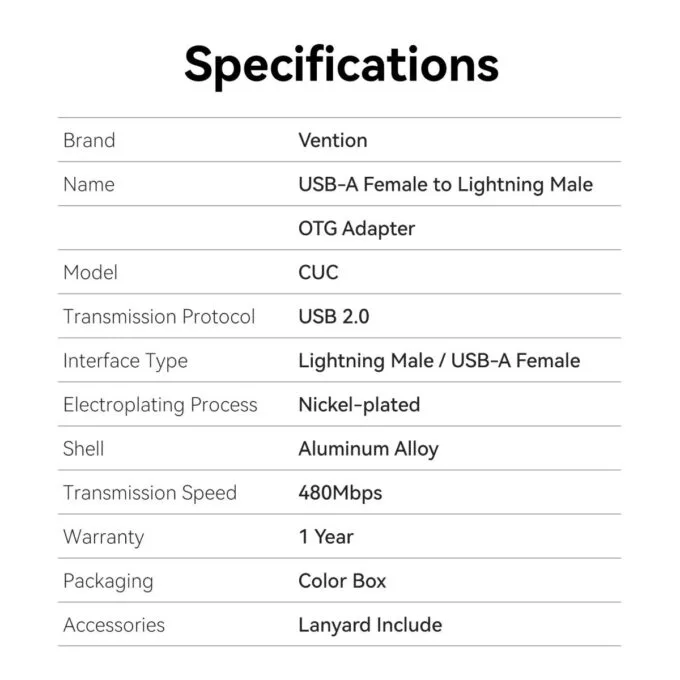 Vention Adaptor USB-A Female to Lightning Male OTG CUCH0 — image 3