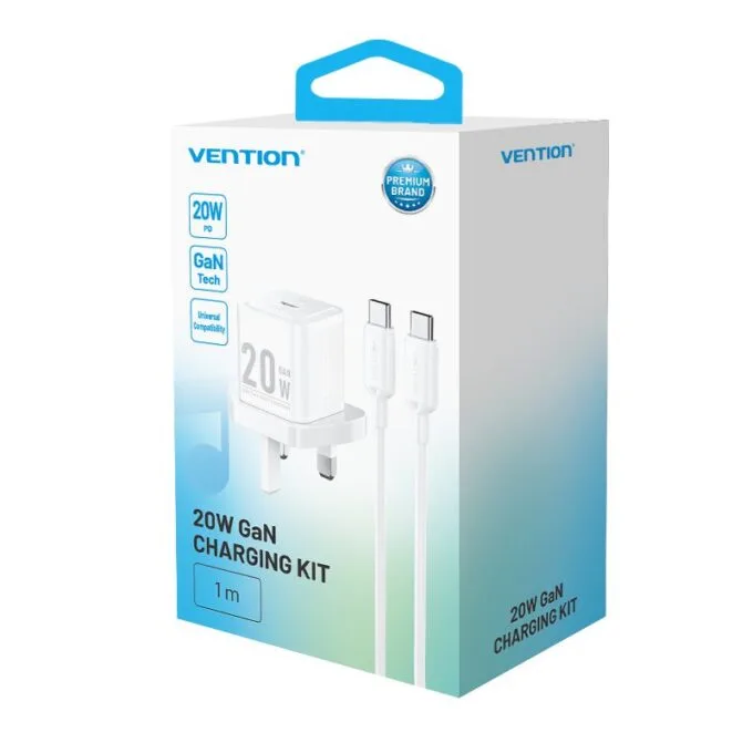 Vention Charger Wall GaN 20W 1xUSBC UK + USB-C 1m Cable White FEPW0-UK-01 — image 3
