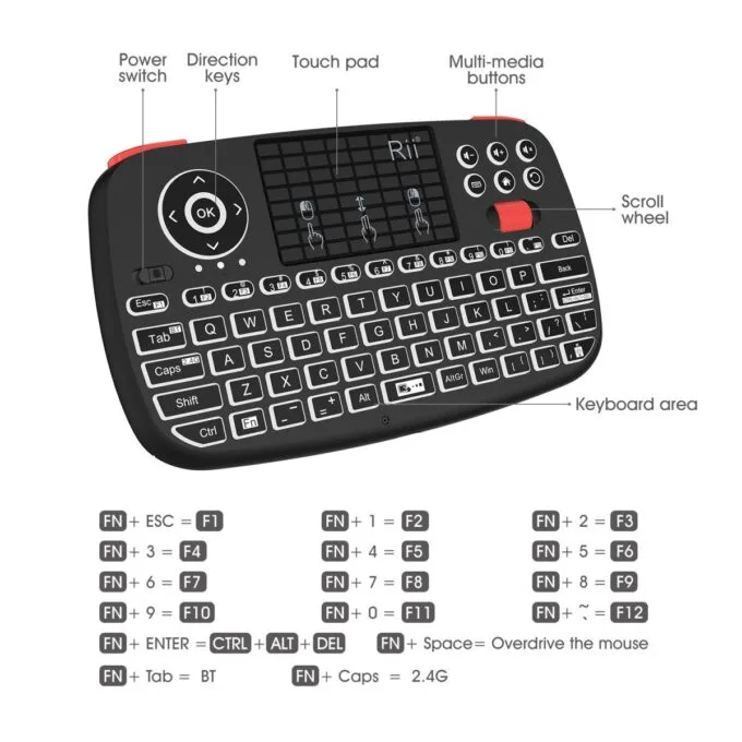 Rii Mini Keyboard Wireless 2.4GHz & Bluetooth with Touchpad, Scrollwheel, Media & L/R Keys i4 — image 5