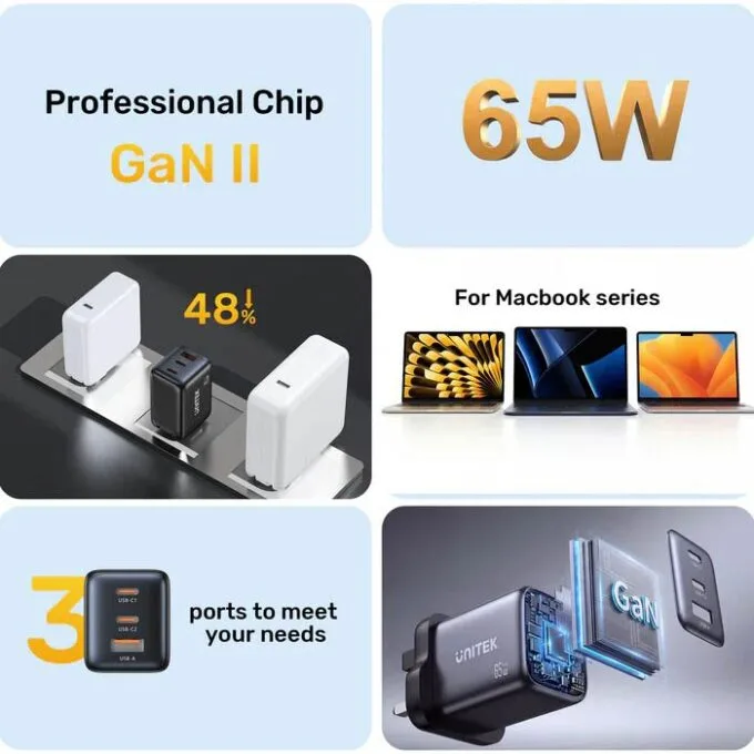 Unitek Charge Wall GaN 65W USBCx2 USBAx1 UK P1130 Black — image 2