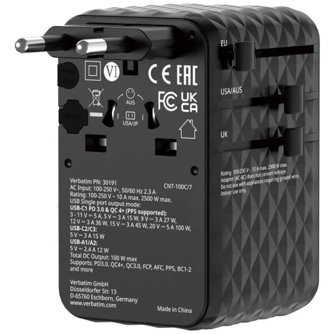 Verbatim Charger Travel Adapter 100W 2xC 2xA 1xRetractable USB-C Black — image 4