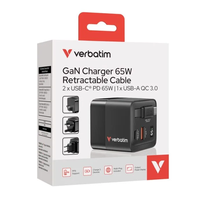 Verbatim Charger Wall 65W GaN 2-Port Retractable Cable & Display — image 4