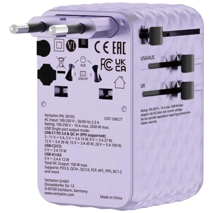 Verbatim Charger Travel Adapter 100W 2xC 2xA 1xRetractable USB-C Purple — image 4