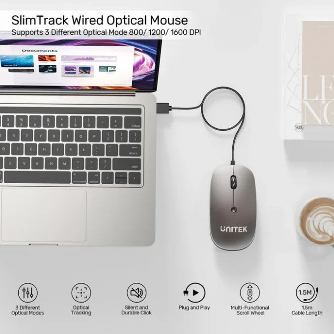 Unitek Mouse Wired USB-A SlimTrack T060 Space Grey — image 4