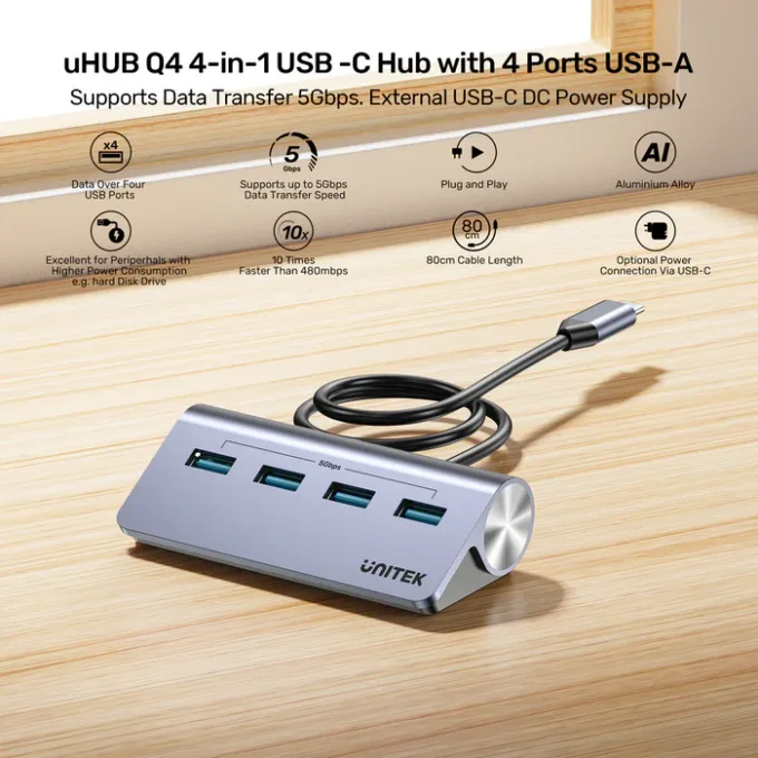 Unitek USB-C Hub 4xUSB-A 5Gbps & USB-C Power Port & 80cm Cable H1337B — image 4