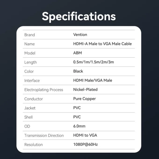 Vention HDMI-A Male to VGA Male Cable 3.0m Black ABMBI — image 4