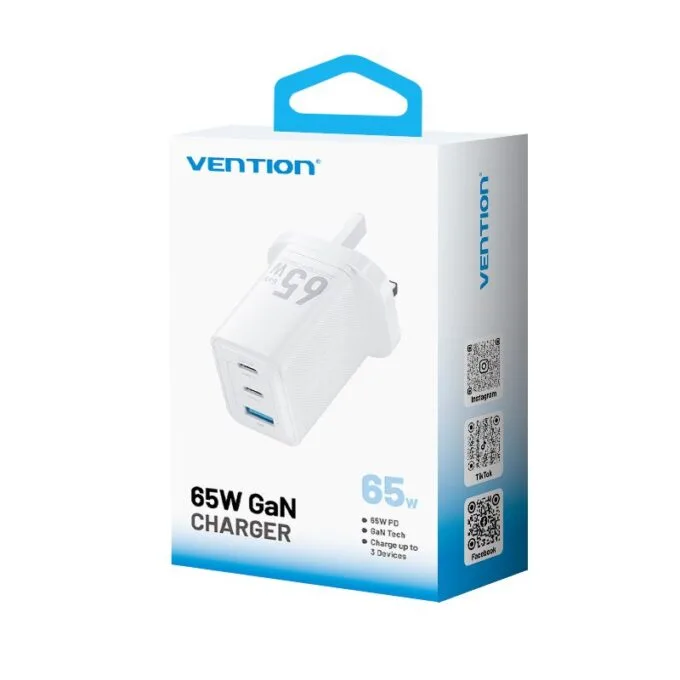 Vention Charger Wall GaN 65W 2xUSBC 1xUSBA White FERW0-UK — image 4