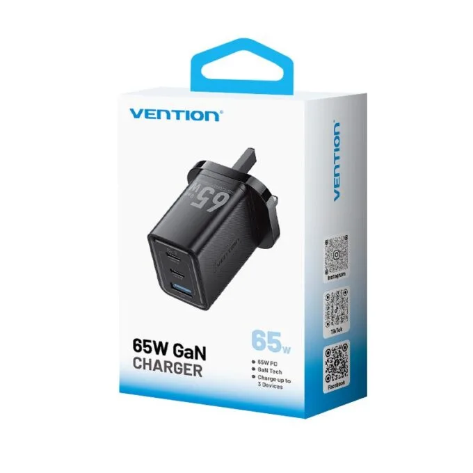 Vention Charger Wall GaN 65W 2xUSBC 1xUSBA Black FERB0-UK — image 4