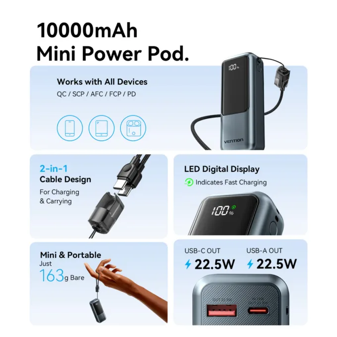 Vention Powerbank 10000mAh 22.5W Built-in USB-C Lanyard + Display FKOH0 — image 4