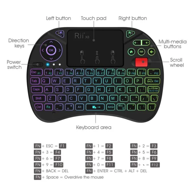 Rii Mini Keyboard Wireless 2.4GHz with Touchpad, Scrollwheel & Media Keys RGB X8 — image 4