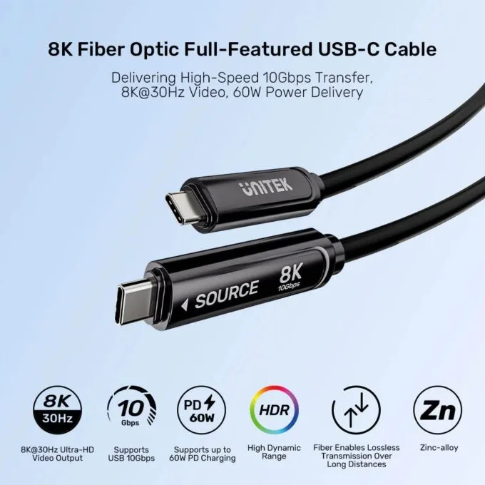 Unitek UC USB-C Fiber Optic 8K Cable 10Gbps 60W PD 15.0m C14178A-15M — image 4