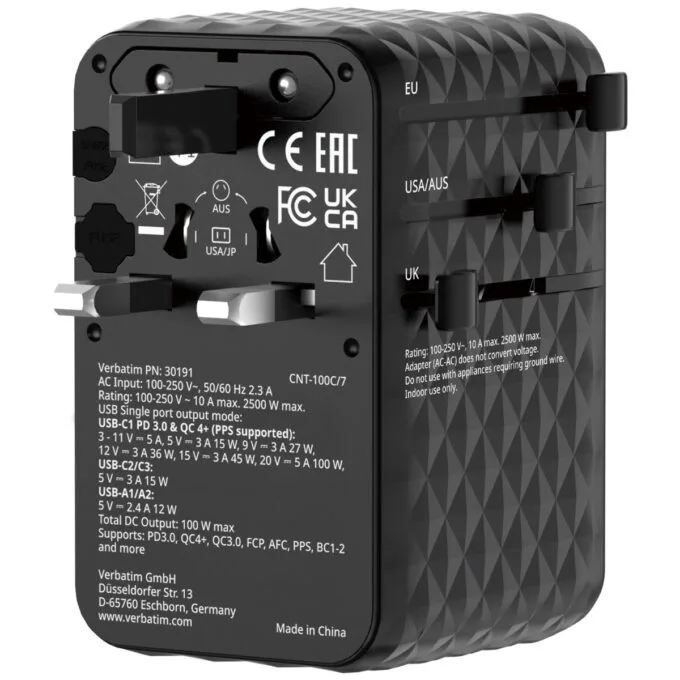 Verbatim Charger Travel Adapter 100W 2xC 2xA 1xRetractable USB-C Black — image 5