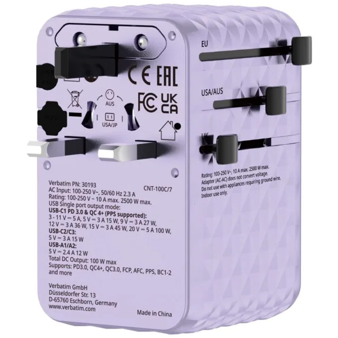 Verbatim Charger Travel Adapter 100W 2xC 2xA 1xRetractable USB-C Purple — image 5