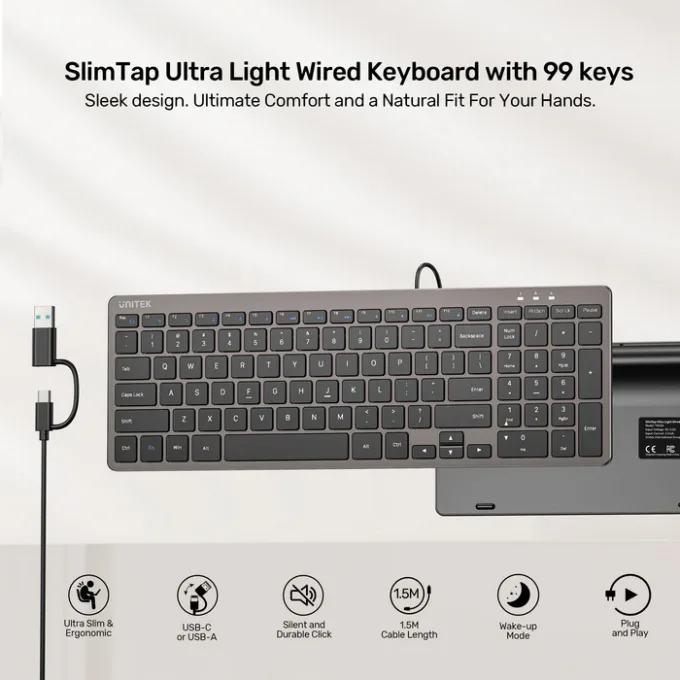 Unitek Keyboard Wired 99K USB-C/A English SlimTap T053 Space Grey — image 5