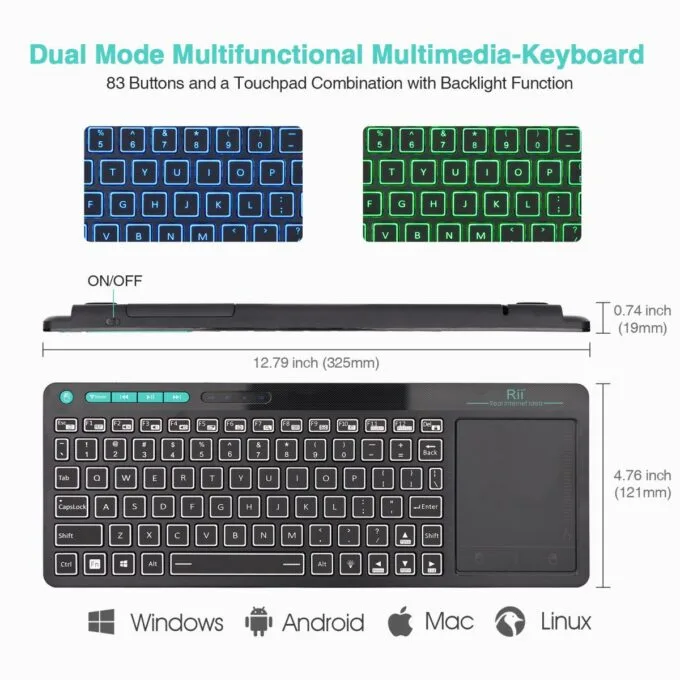 Rii Mini Keyboard Wireless 2.4GHz & Bluetooth with Large Touchpad & Media Keys RGB RT518S — image 3