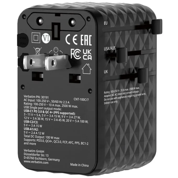 Verbatim Charger Travel Adapter 100W 2xC 2xA 1xRetractable USB-C Black — image 6