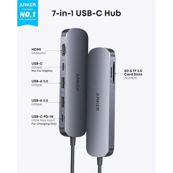Anker Work Hub USB-C 7-in-1 1xUSBC 2xUSBA 1xPD100W 4KHDMI-SD A83D2 — image 6