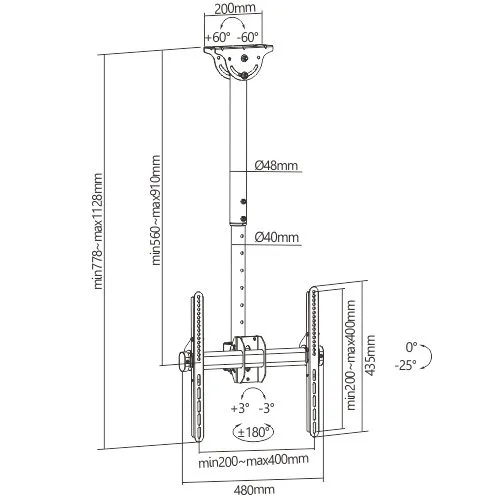 Brateck PLB-CE944-01S TV Ceiling Mount 40x40 50kg 56-91cm — image 2