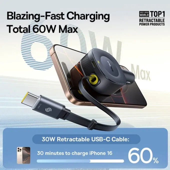 Baseus Car Charger 30W VR2 with Retractable Cable Black — image 2