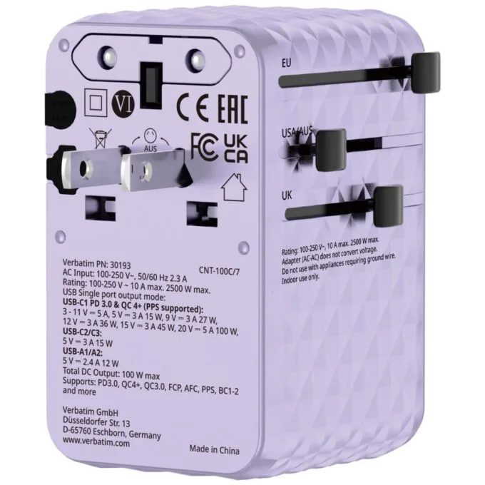 Verbatim Charger Travel Adapter 100W 2xC 2xA 1xRetractable USB-C Purple — image 6