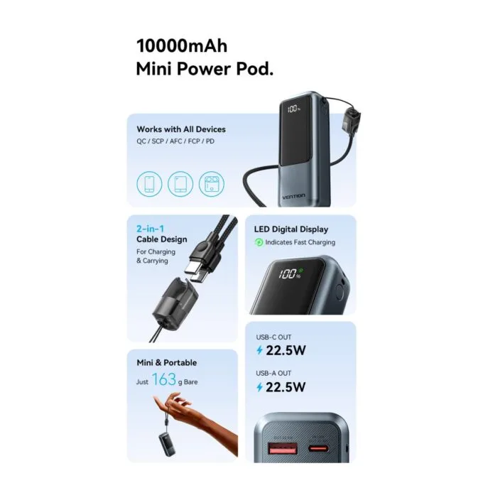 Vention Powerbank 10000mAh 22.5W Built-in USB-C Lanyard + Display FKOH0 — image 6
