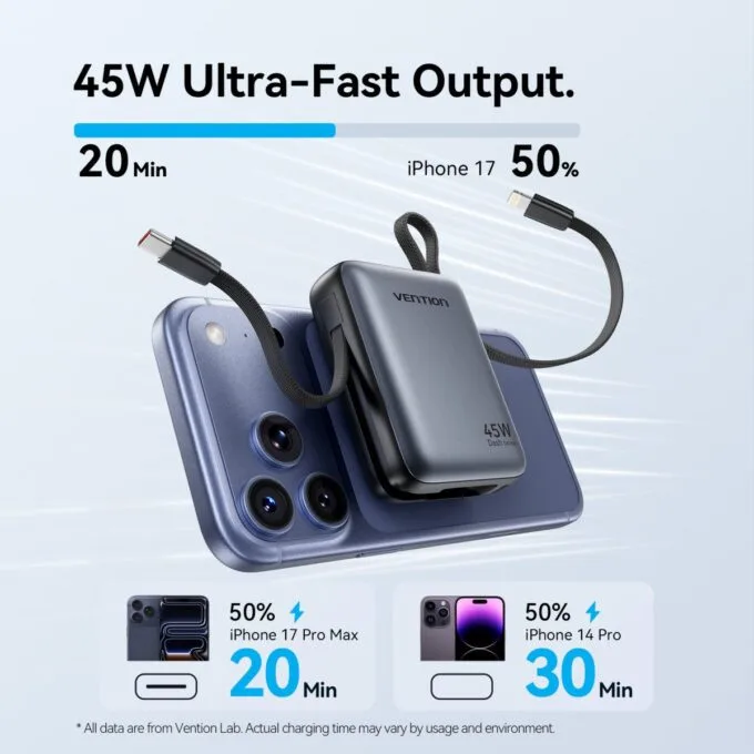 Vention Powerbank 10000mAh 45W Built-in USB-C & Lightning Cables FKMN0 Beige — image 3