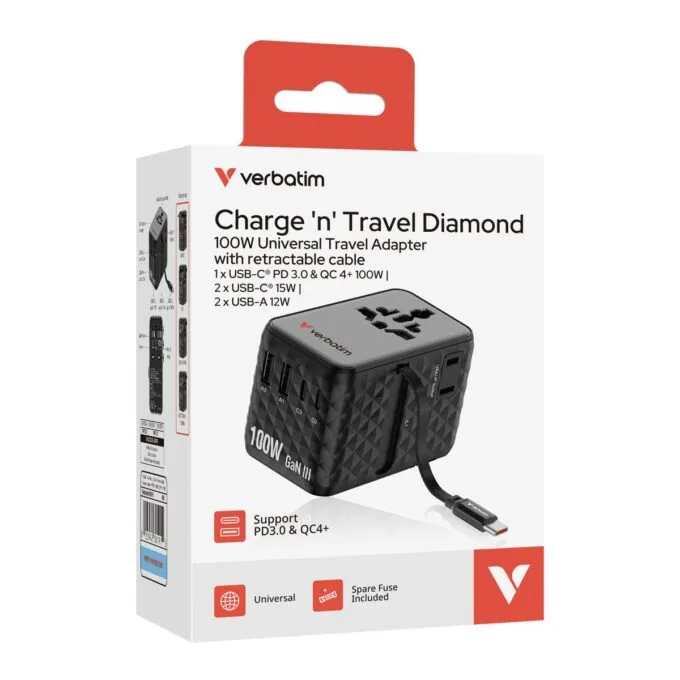 Verbatim Charger Travel Adapter 100W 2xC 2xA 1xRetractable USB-C Black — image 7