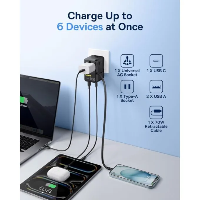 Baseus Charger Wall 70W EnerCore CG11 Universal Travel Adapter with Retractable Cable s Black — image 6