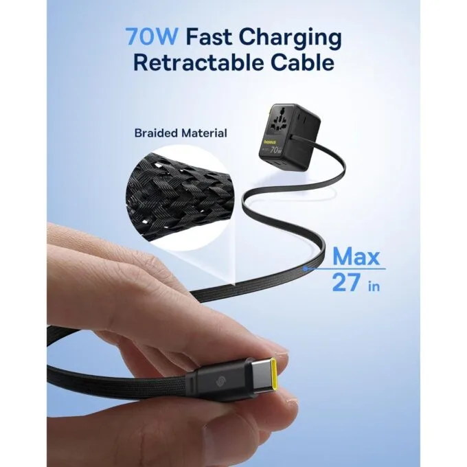 Baseus Charger Wall 70W EnerCore CG11 Universal Travel Adapter with Retractable Cable s Black — image 7