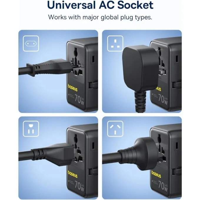 Baseus Charger Wall 70W EnerCore CG11 Universal Travel Adapter with Retractable Cable s Black — image 4