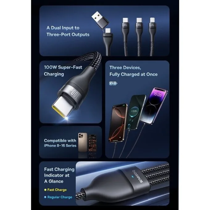 Baseus Cable 3in1 USB-C/USB-C/Light to USB-C /USB A, Flash 3 Series 1.5m Black — image 3