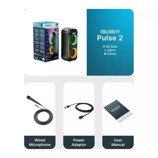 Majority Speakers Portable Karaoke PULSE P2 120W 2x6.5'' Wired Mic BT/USB/RGB UK — image 7