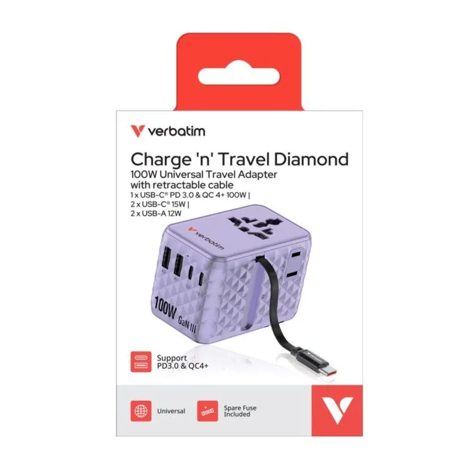 Verbatim Charger Travel Adapter 100W 2xC 2xA 1xRetractable USB-C Purple — image 7