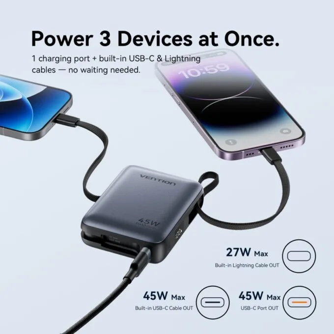 Vention Powerbank 10000mAh 45W Built-in USB-C & Lightning Cables FKMN0 Beige — image 4