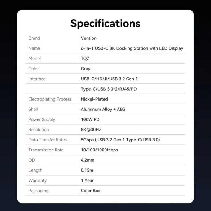 Vention HUB USB-C 3.2 Gen1/8K-HDMI/Gb/PD + LED Display & Switch TQZHB — image 7