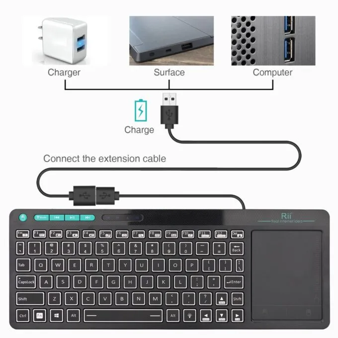 Rii Mini Keyboard Wireless 2.4GHz & Bluetooth with Large Touchpad & Media Keys RGB RT518S — image 8