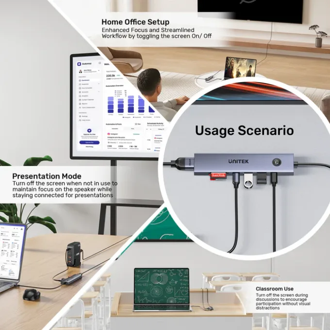 Unitek USB-C Hub 2xUSB-A/USB-C/HDMI/SD/PD100W with ON/OFF Screen Switch H1124A — image 8