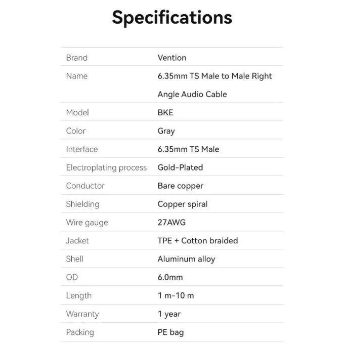 Vention AUDIO 6.3mm M to 6.3mm M Right Angle Braided-Metal 3.0m BKEHI — image 9